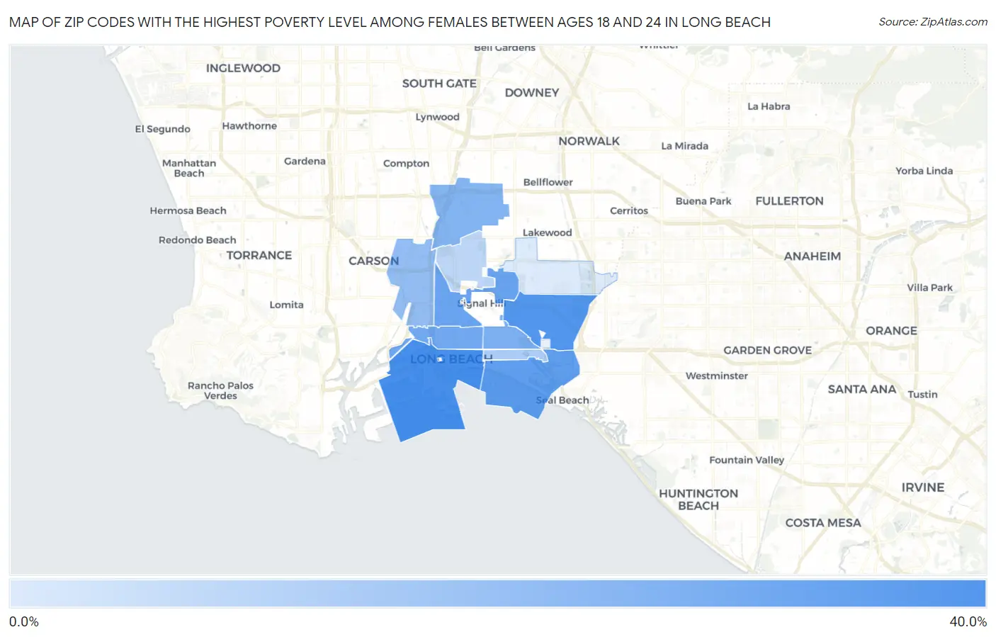 Zip Codes with the Highest Poverty Level Among Females Between Ages 18 and 24 in Long Beach Map