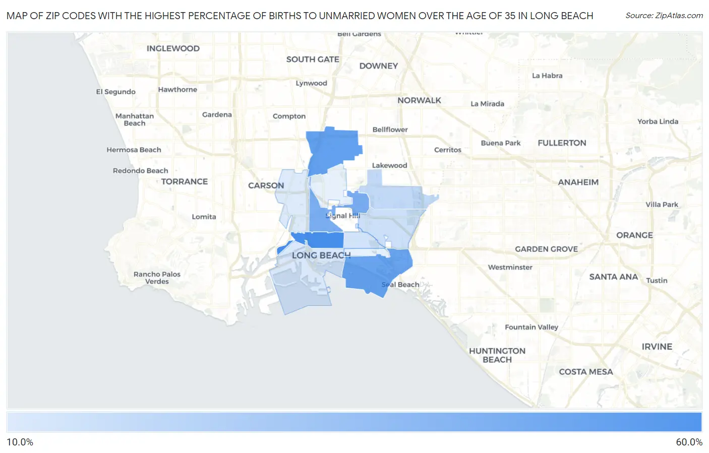 Zip Codes with the Highest Percentage of Births to Unmarried Women over the Age of 35 in Long Beach Map