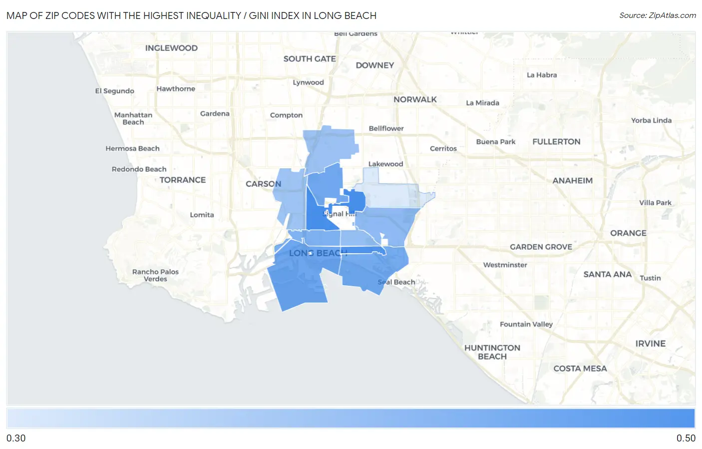 Zip Codes with the Highest Inequality / Gini Index in Long Beach Map