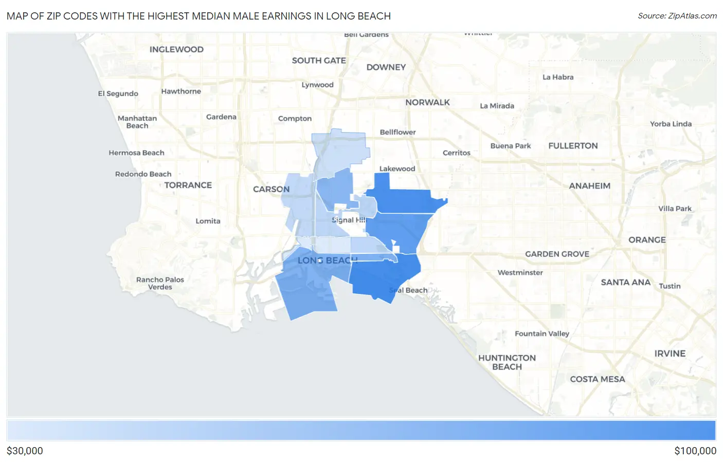 Zip Codes with the Highest Median Male Earnings in Long Beach Map