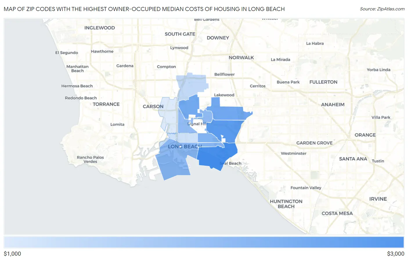 Zip Codes with the Highest Owner-Occupied Median Costs of Housing in Long Beach Map
