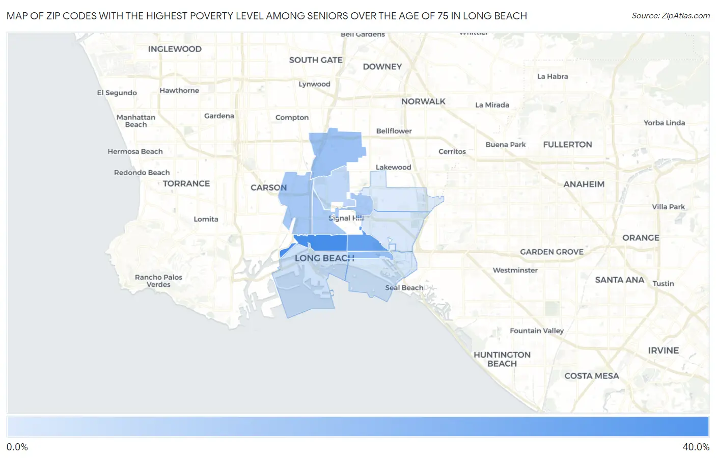 Zip Codes with the Highest Poverty Level Among Seniors Over the Age of 75 in Long Beach Map