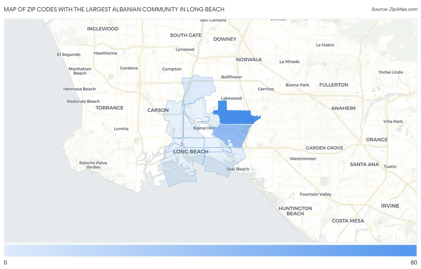 Zip Codes with the Largest Albanian Community in Long Beach Map