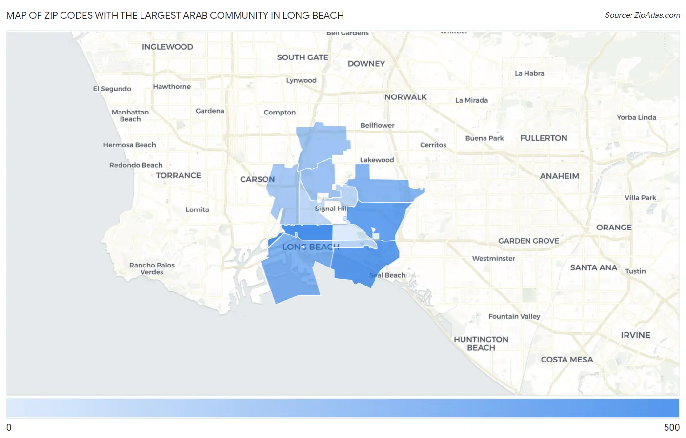 Zip Codes with the Largest Arab Community in Long Beach Map
