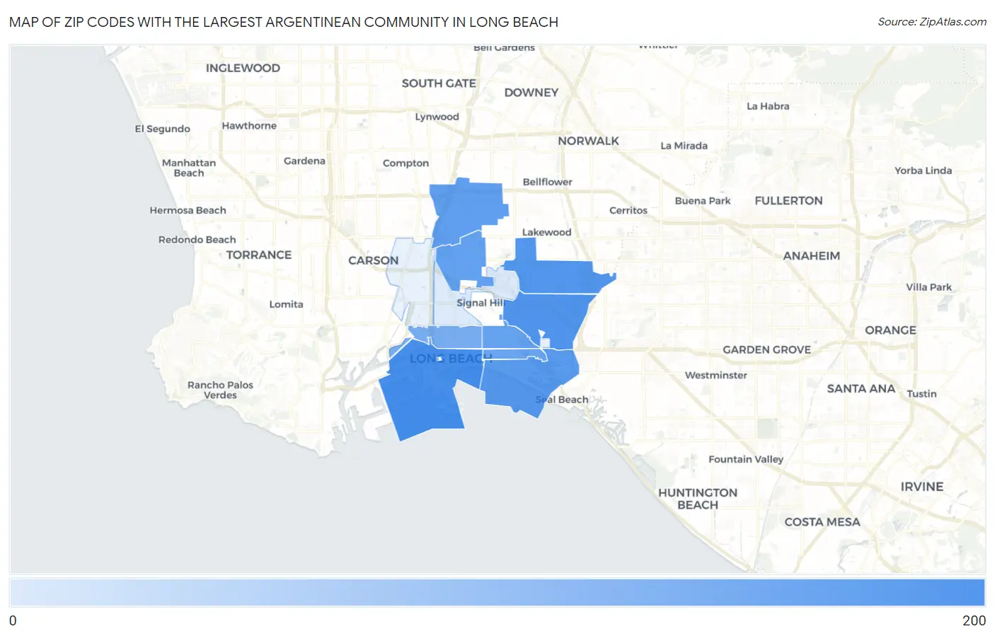 Zip Codes with the Largest Argentinean Community in Long Beach Map