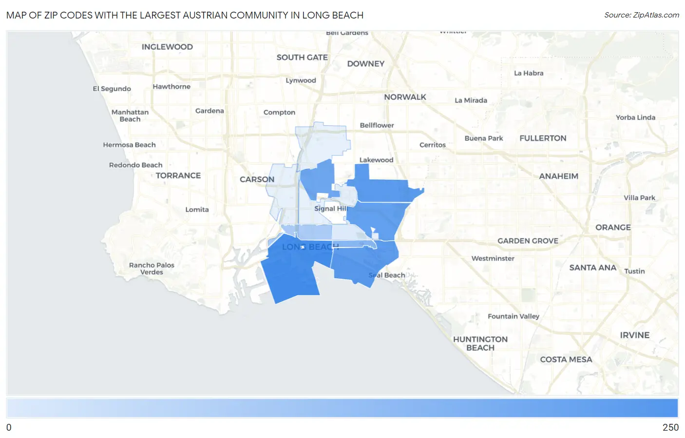 Zip Codes with the Largest Austrian Community in Long Beach Map