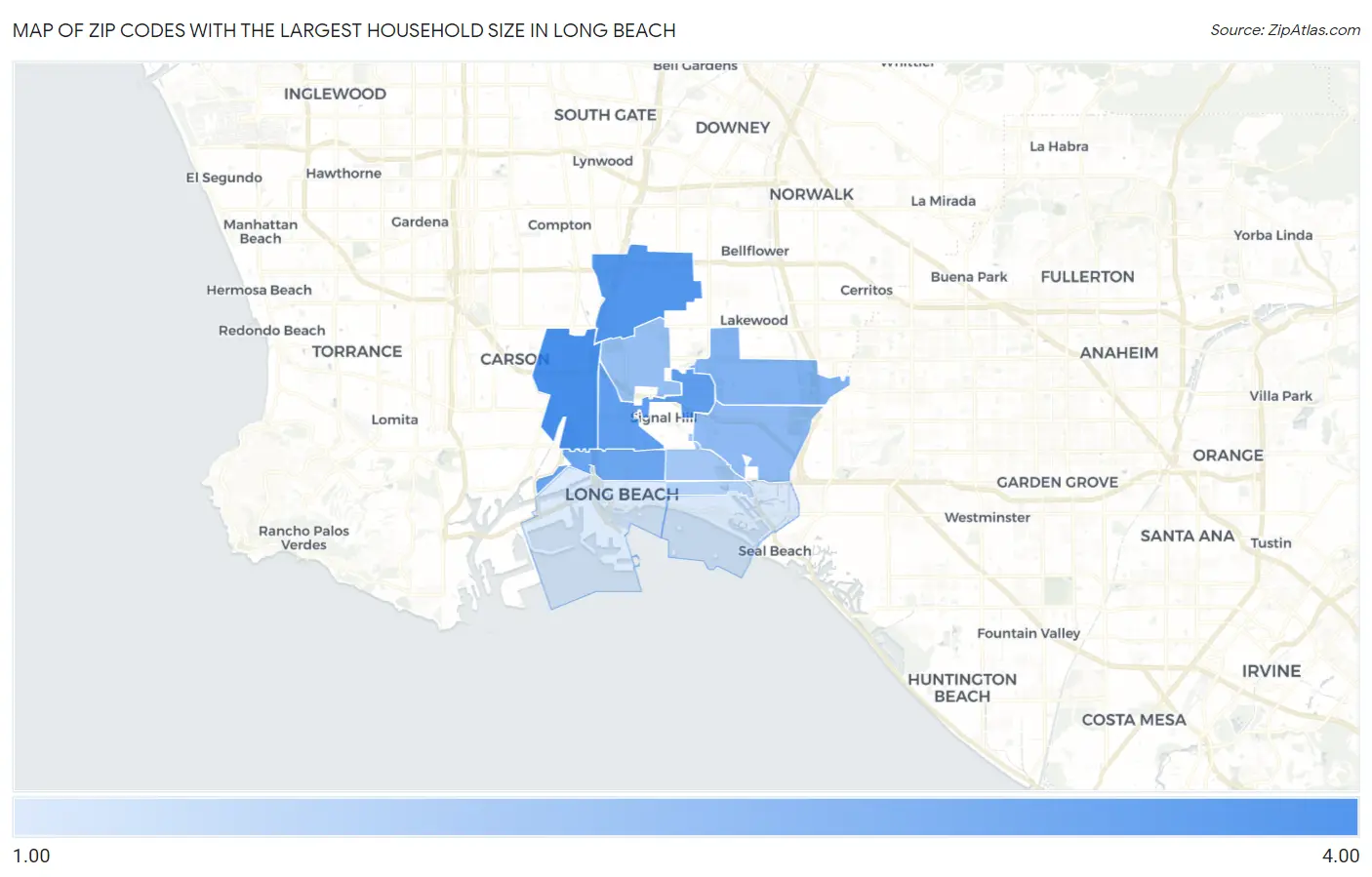Zip Codes with the Largest Household Size in Long Beach Map