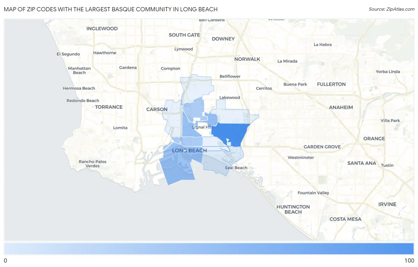 Zip Codes with the Largest Basque Community in Long Beach Map