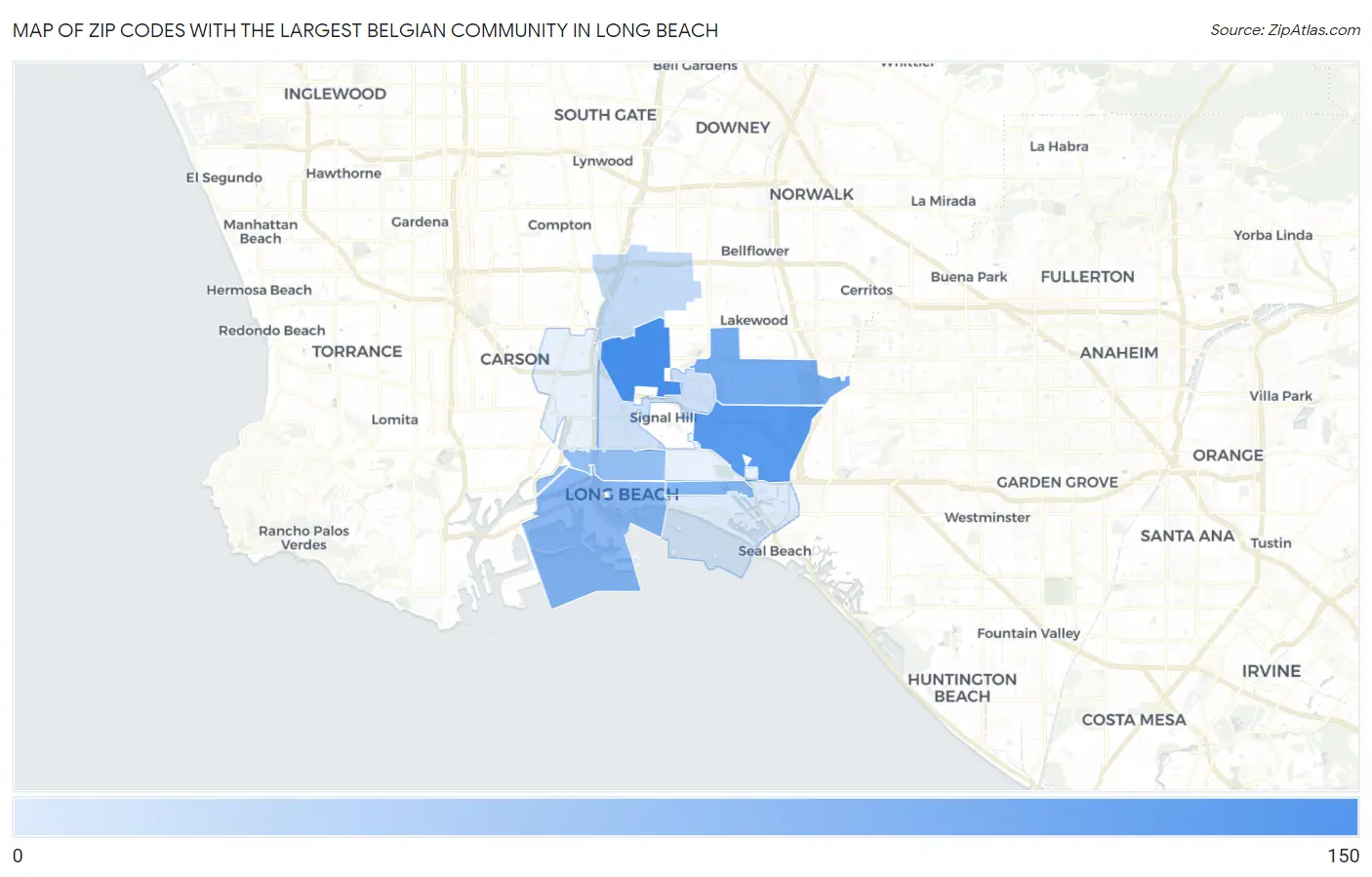 Zip Codes with the Largest Belgian Community in Long Beach Map