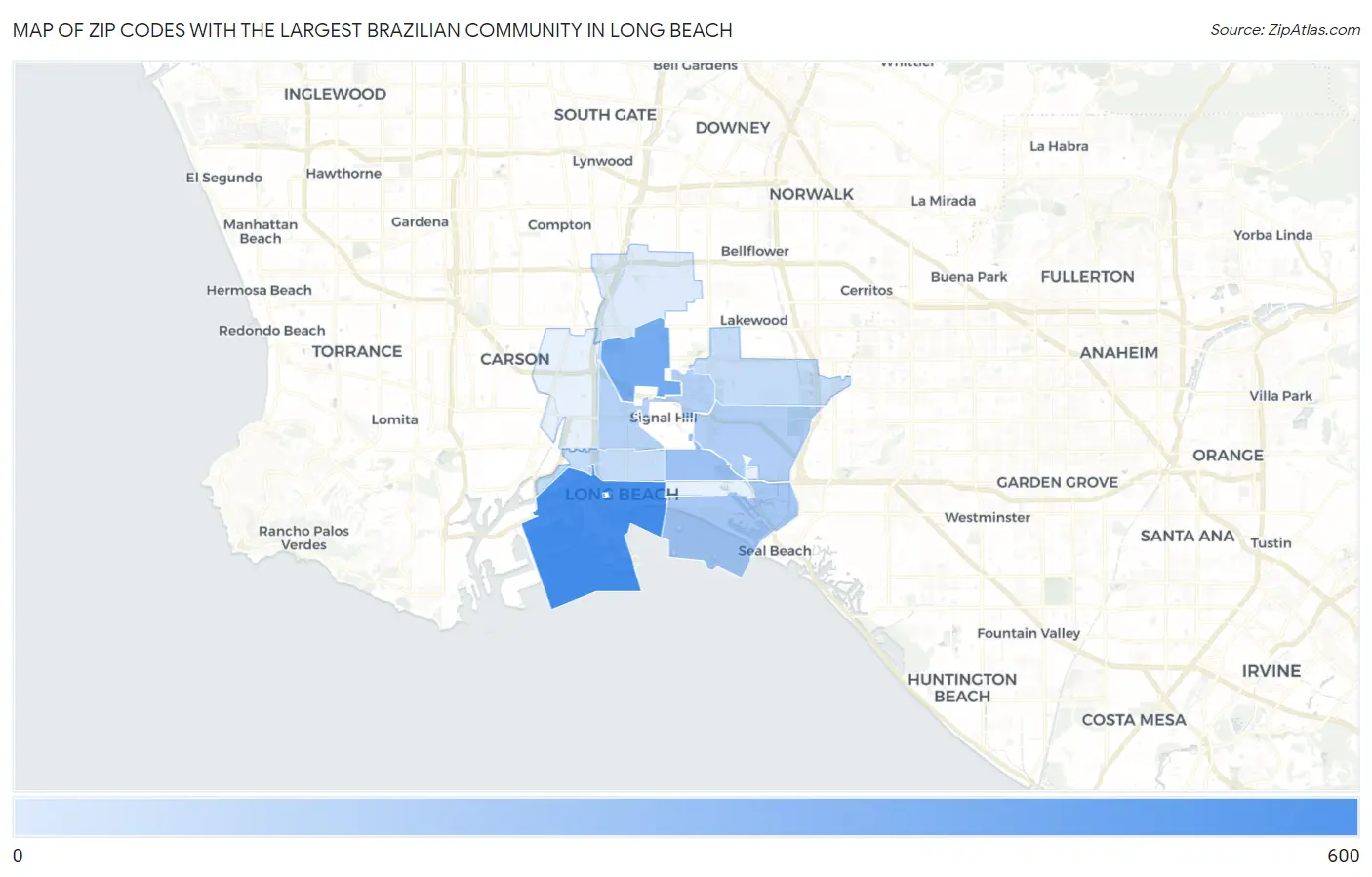 Zip Codes with the Largest Brazilian Community in Long Beach Map