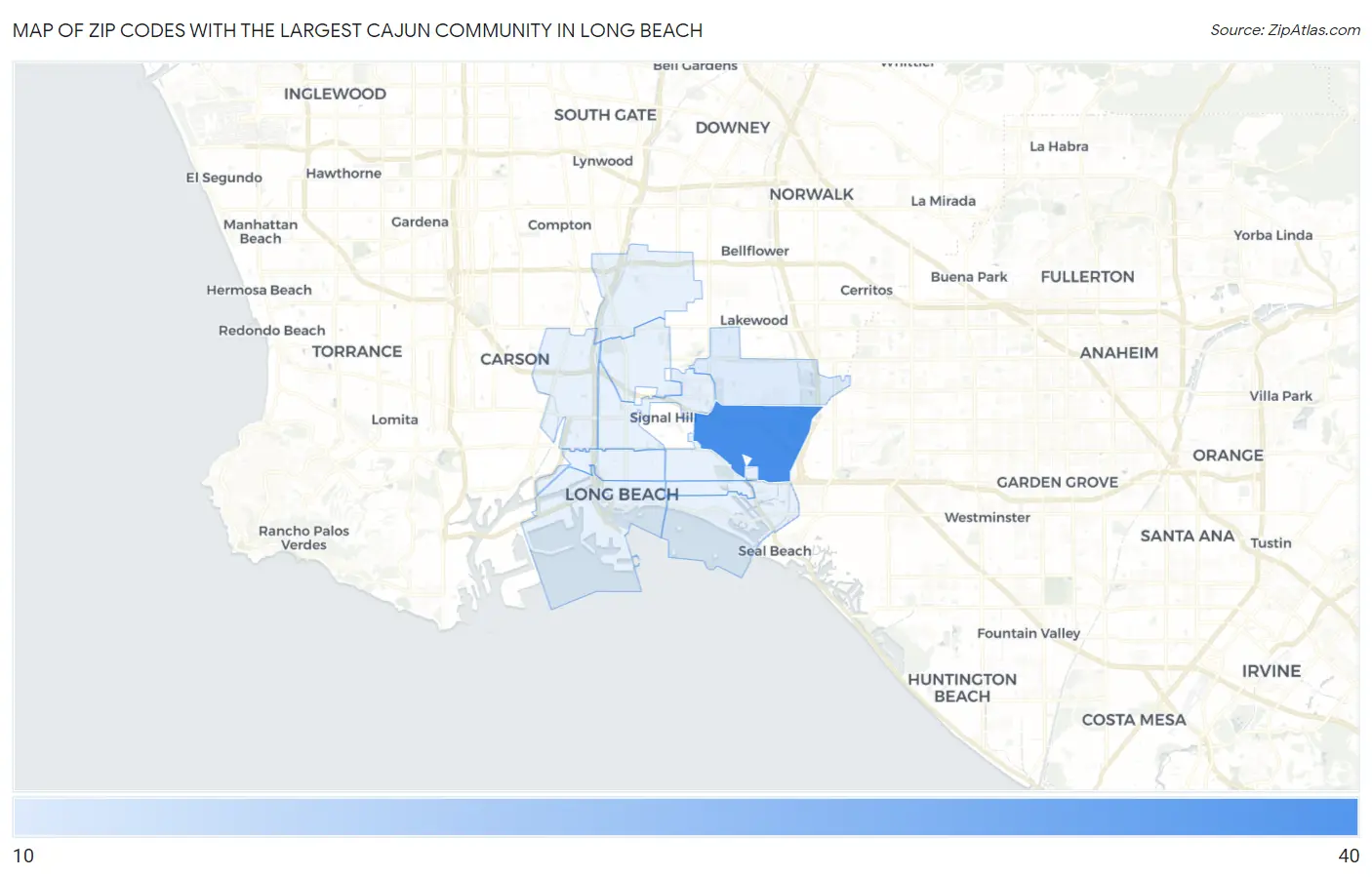 Zip Codes with the Largest Cajun Community in Long Beach Map