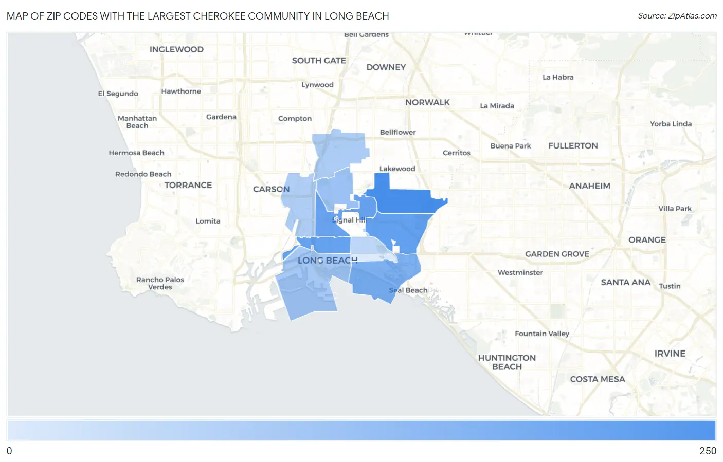 Zip Codes with the Largest Cherokee Community in Long Beach Map