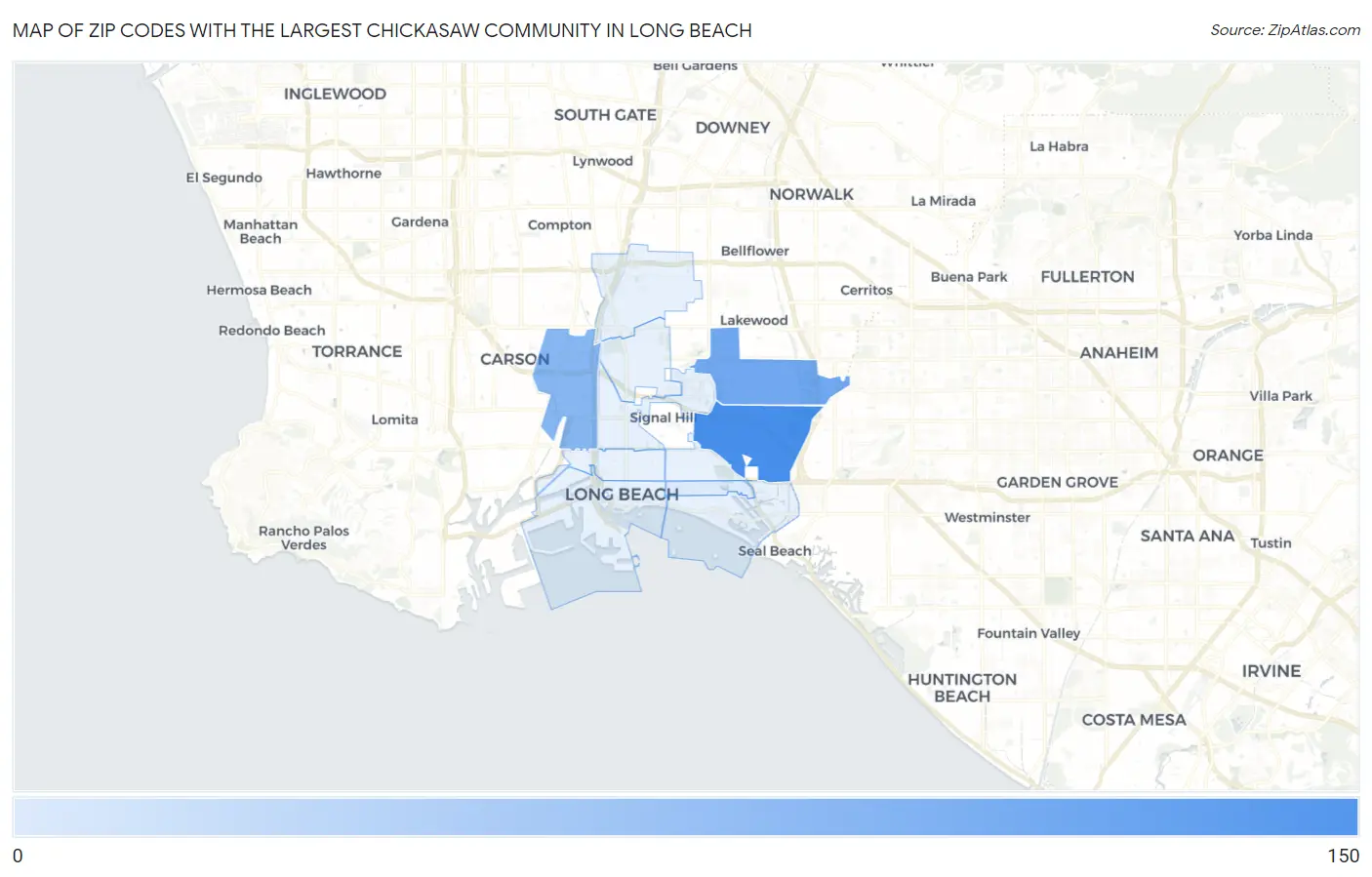 Zip Codes with the Largest Chickasaw Community in Long Beach Map
