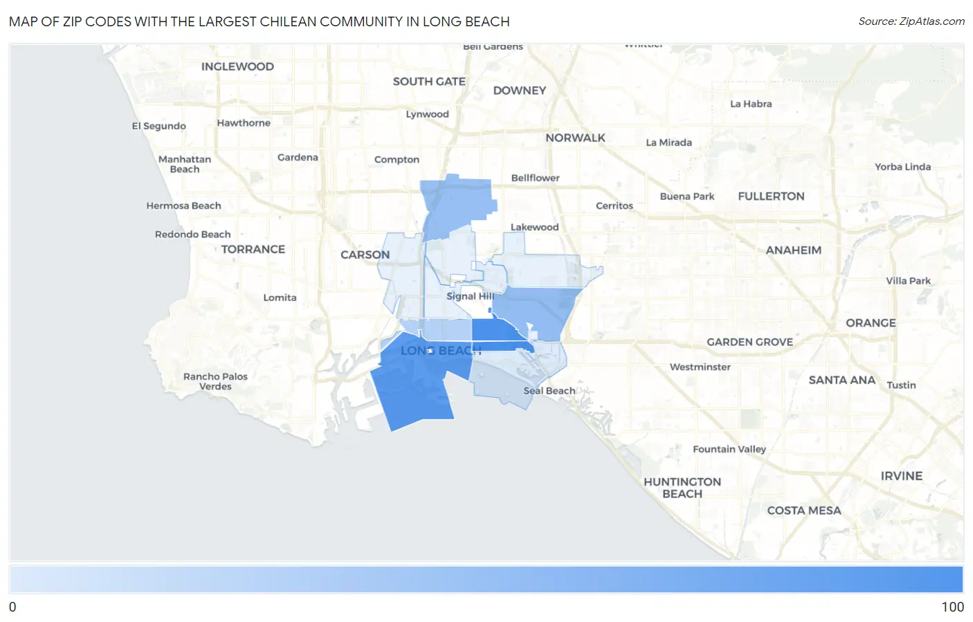 Zip Codes with the Largest Chilean Community in Long Beach Map