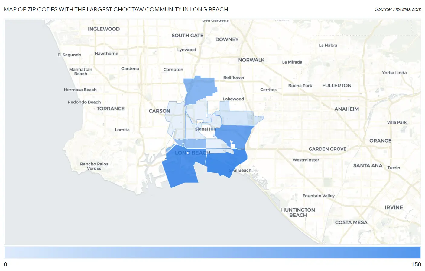 Zip Codes with the Largest Choctaw Community in Long Beach Map