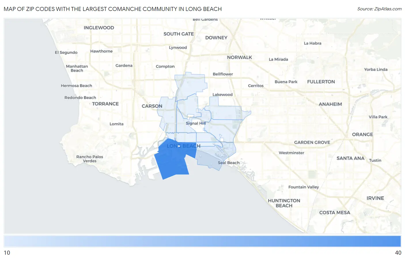 Zip Codes with the Largest Comanche Community in Long Beach Map