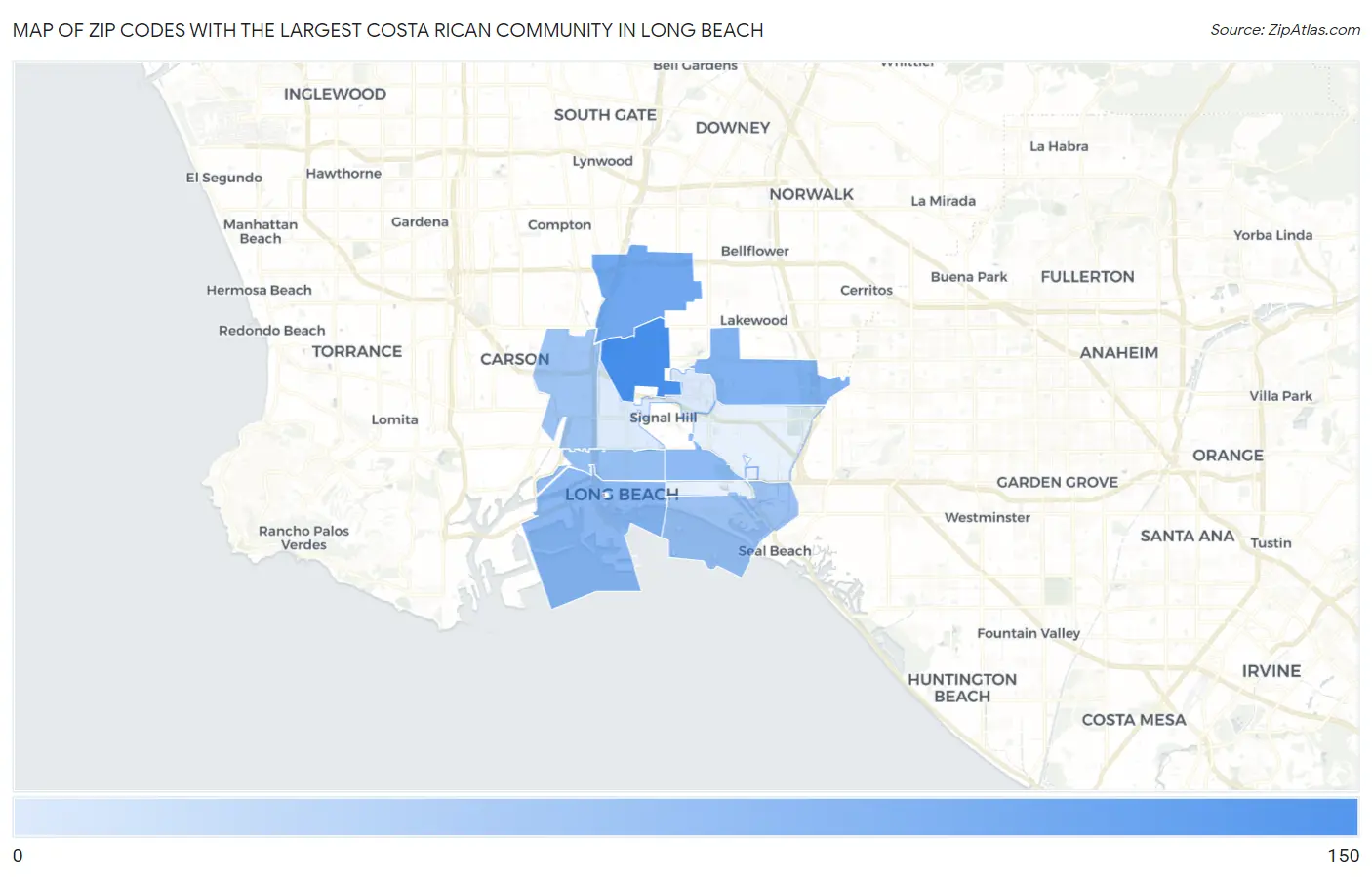 Zip Codes with the Largest Costa Rican Community in Long Beach Map