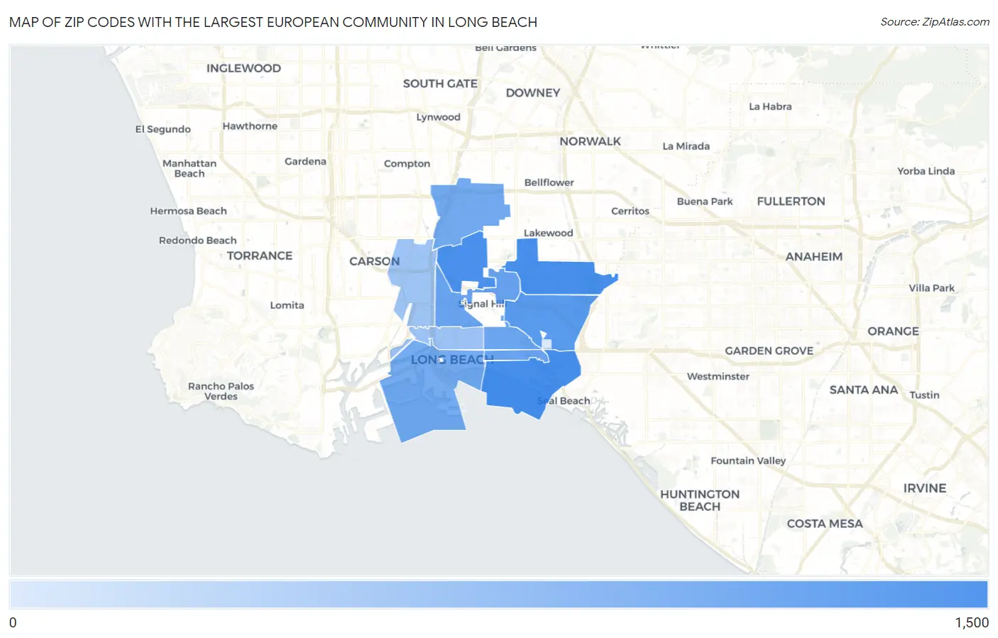 Zip Codes with the Largest European Community in Long Beach Map