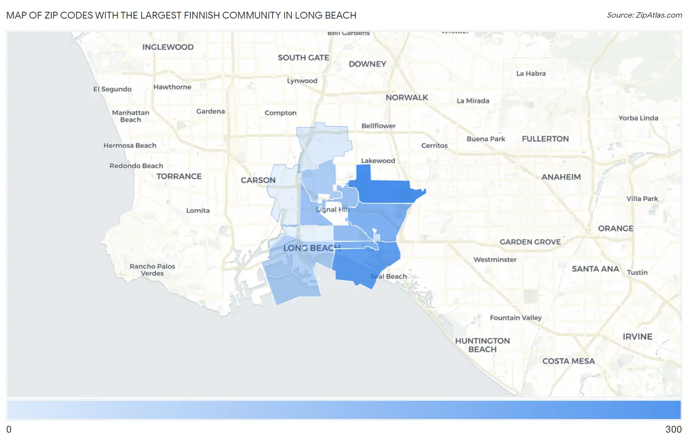 Zip Codes with the Largest Finnish Community in Long Beach Map