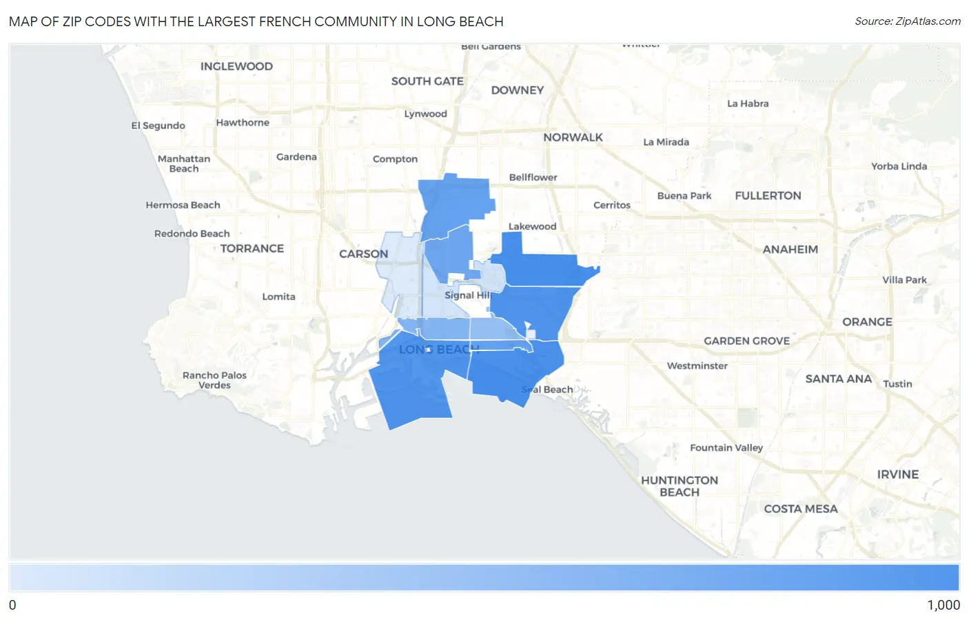 Zip Codes with the Largest French Community in Long Beach Map