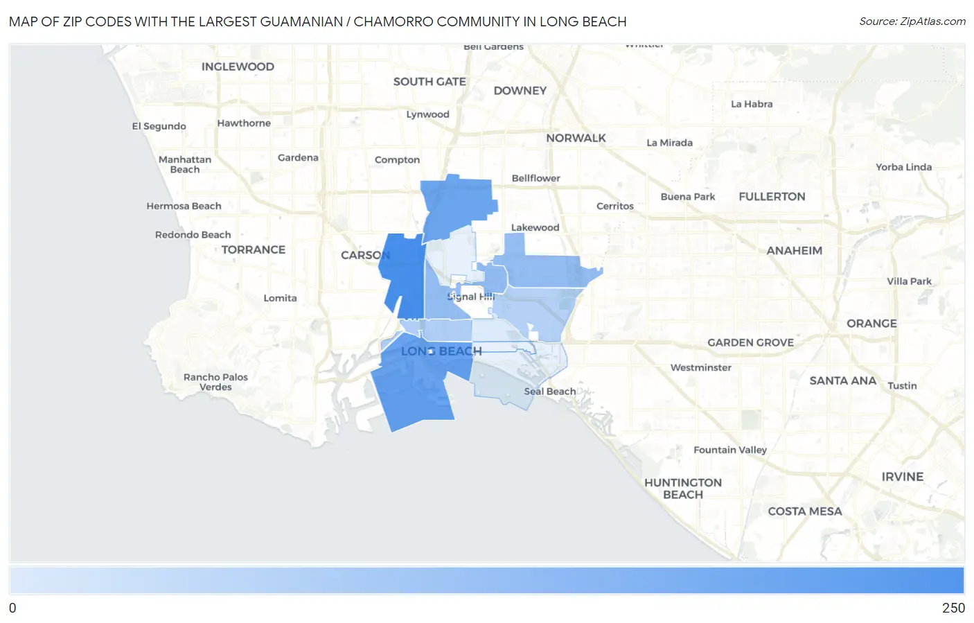 Zip Codes with the Largest Guamanian / Chamorro Community in Long Beach Map