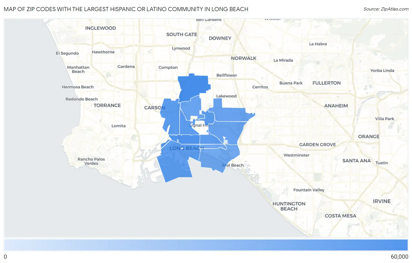 Zip Codes with the Largest Hispanic or Latino Community in Long Beach Map