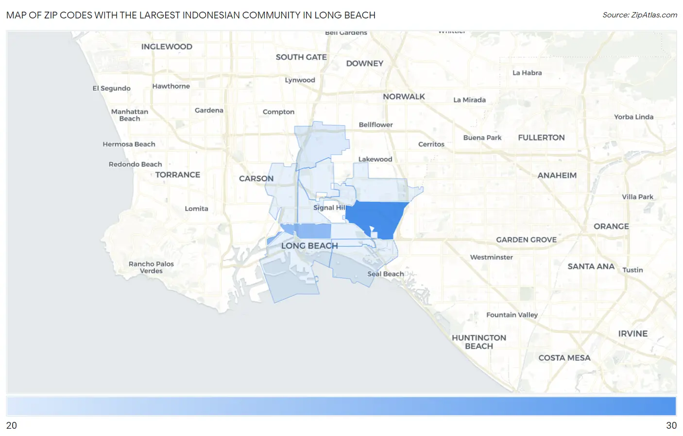Zip Codes with the Largest Indonesian Community in Long Beach Map