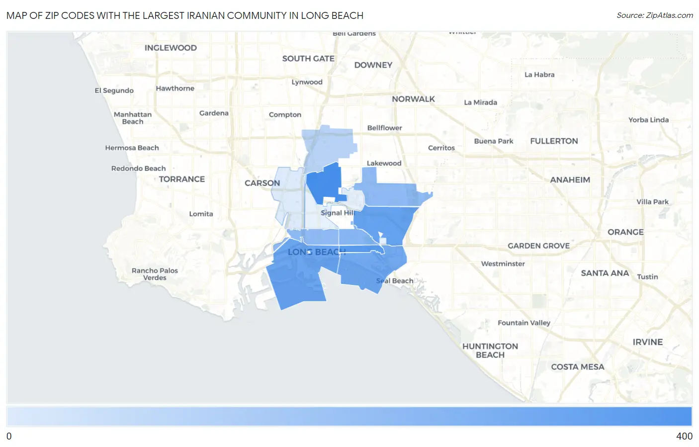 Zip Codes with the Largest Iranian Community in Long Beach Map