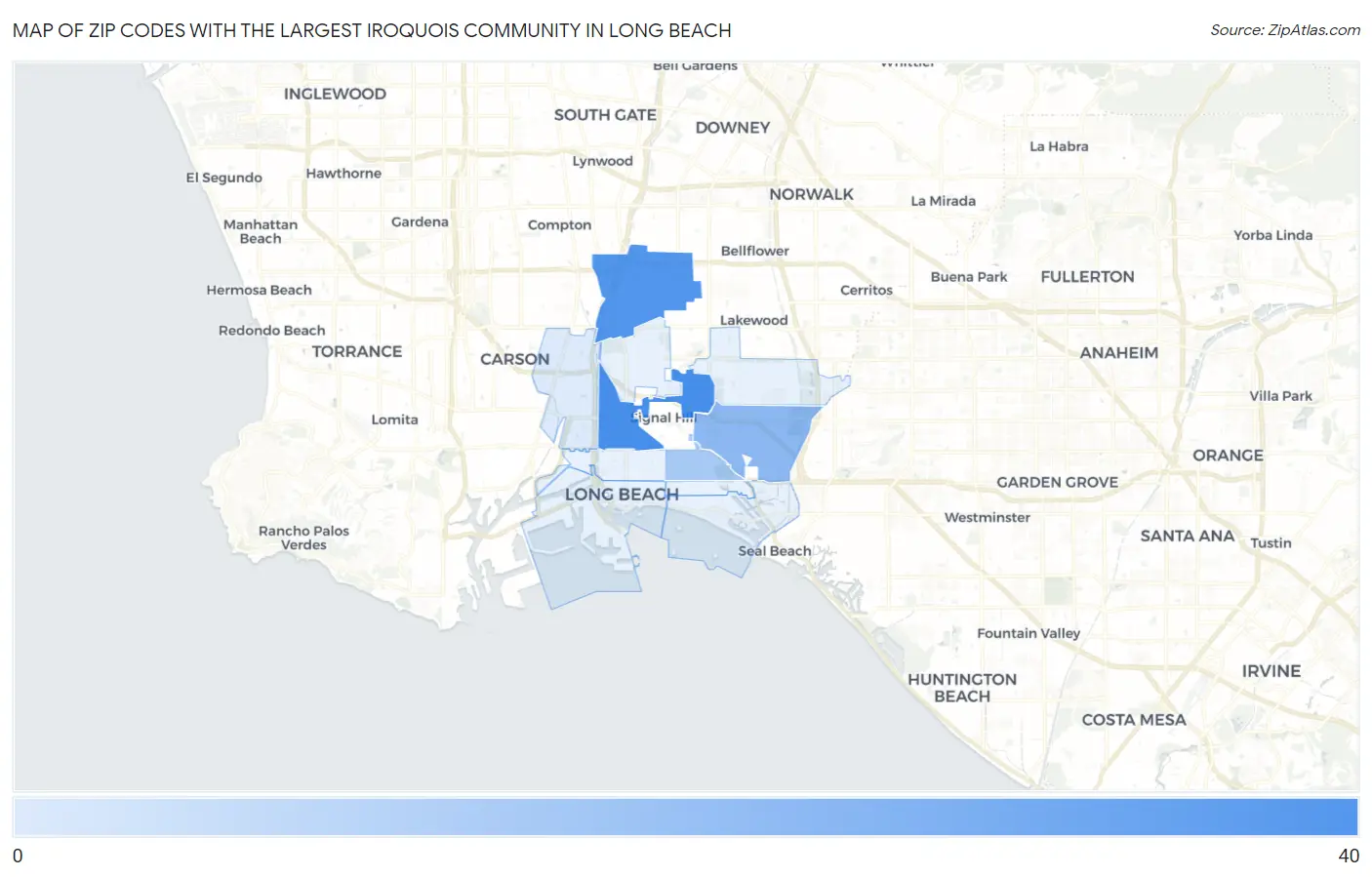 Zip Codes with the Largest Iroquois Community in Long Beach Map