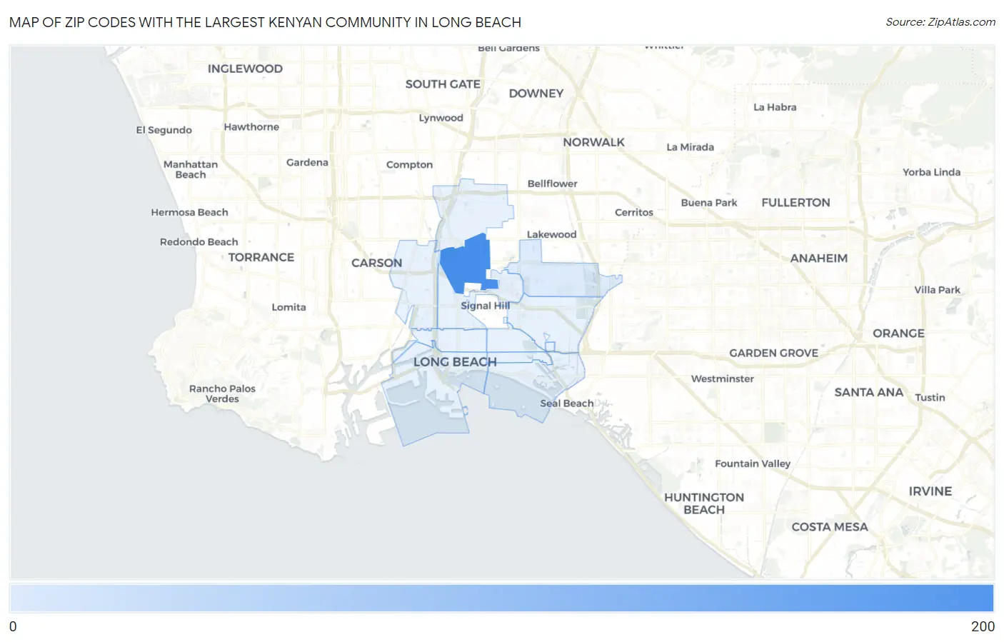 Zip Codes with the Largest Kenyan Community in Long Beach Map