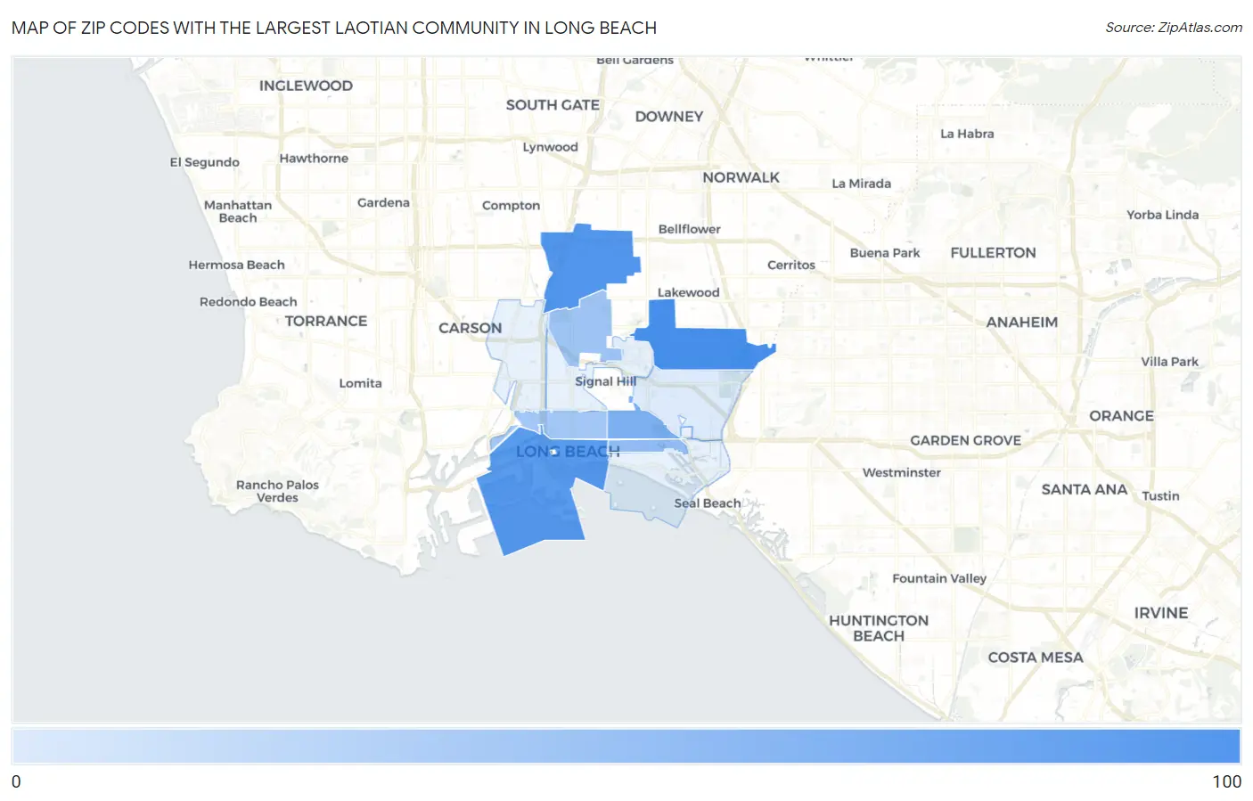 Zip Codes with the Largest Laotian Community in Long Beach Map