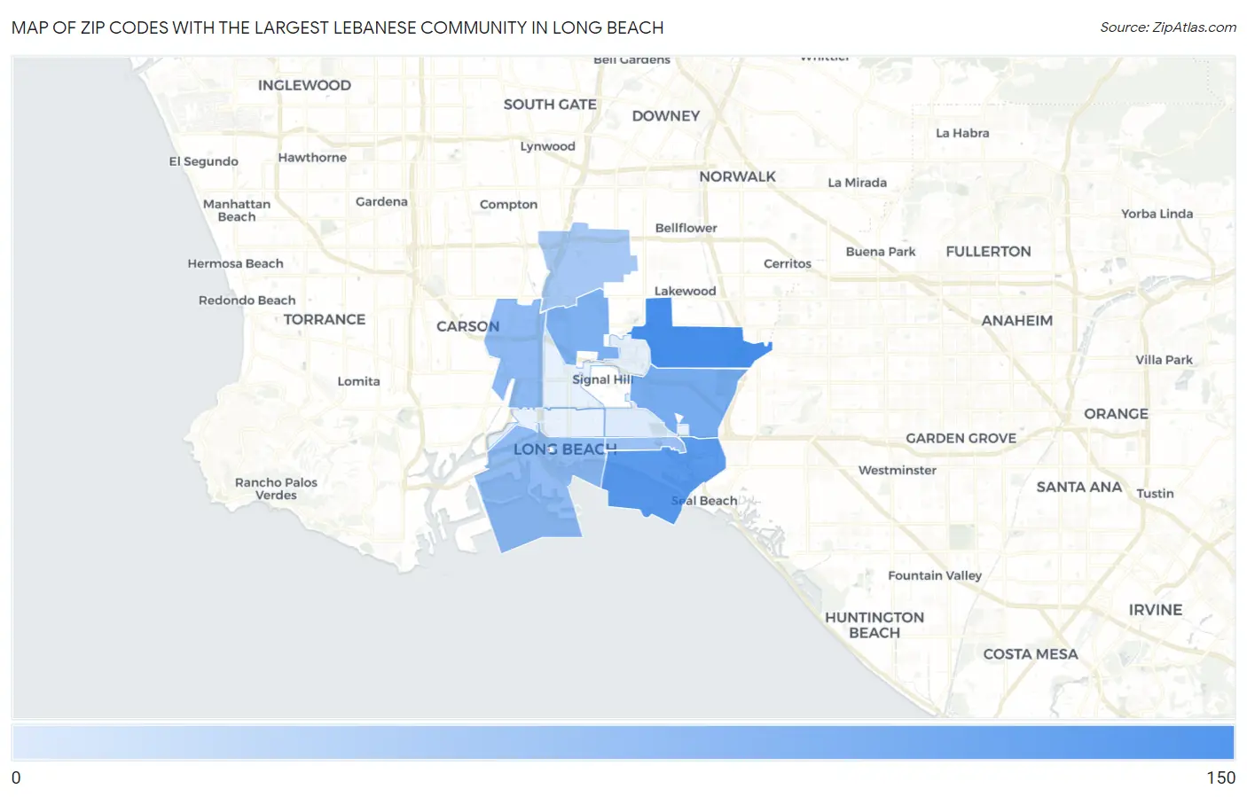 Zip Codes with the Largest Lebanese Community in Long Beach Map