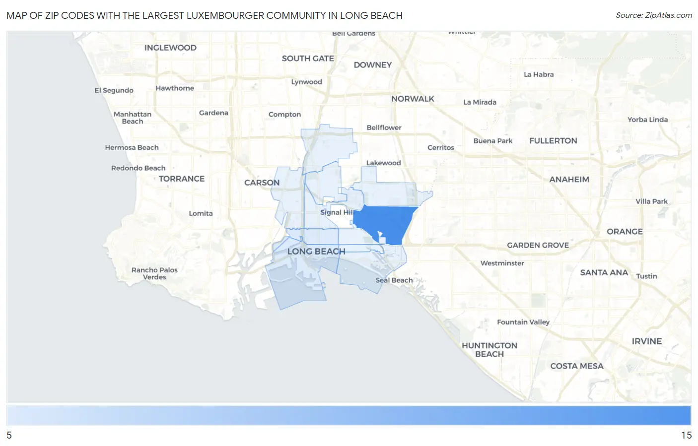 Zip Codes with the Largest Luxembourger Community in Long Beach Map