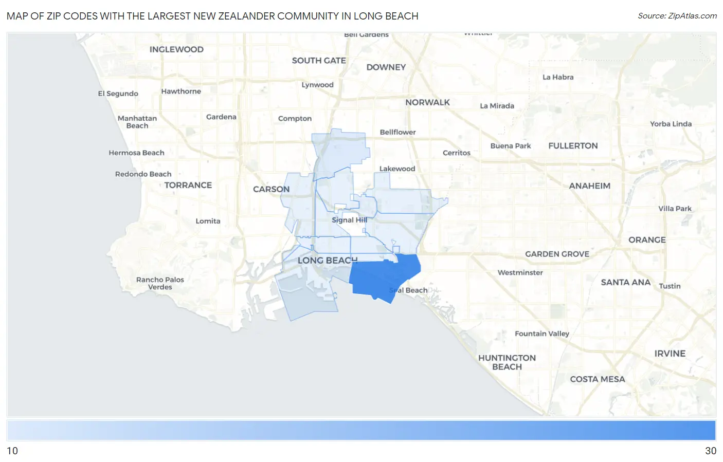 Zip Codes with the Largest New Zealander Community in Long Beach Map