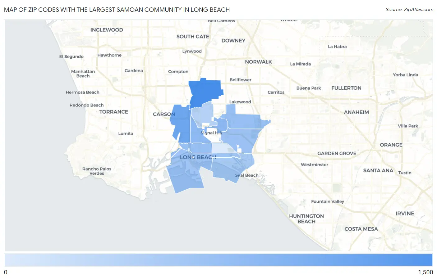 Zip Codes with the Largest Samoan Community in Long Beach Map