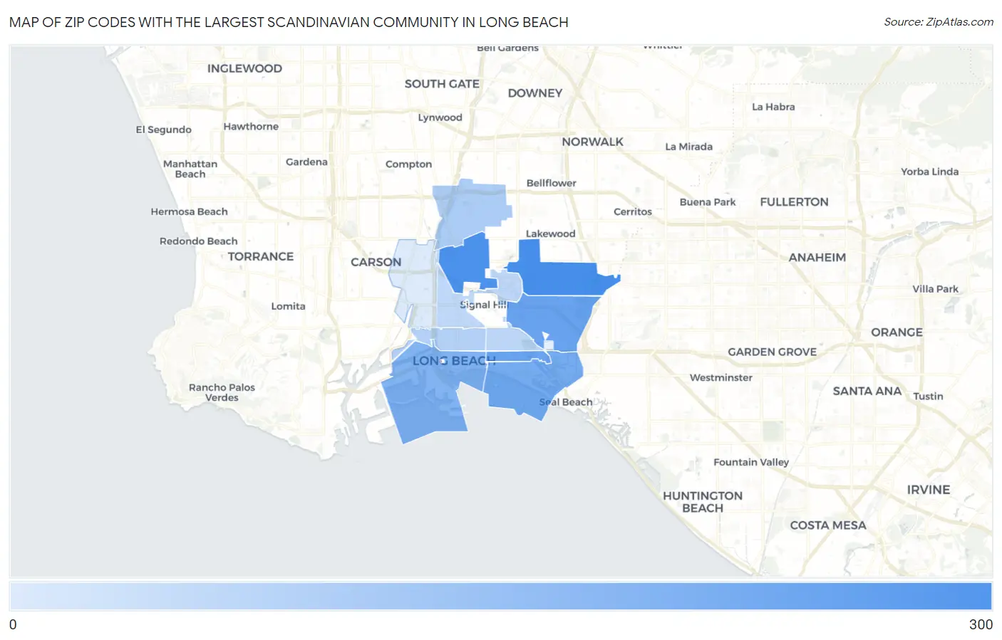 Zip Codes with the Largest Scandinavian Community in Long Beach Map