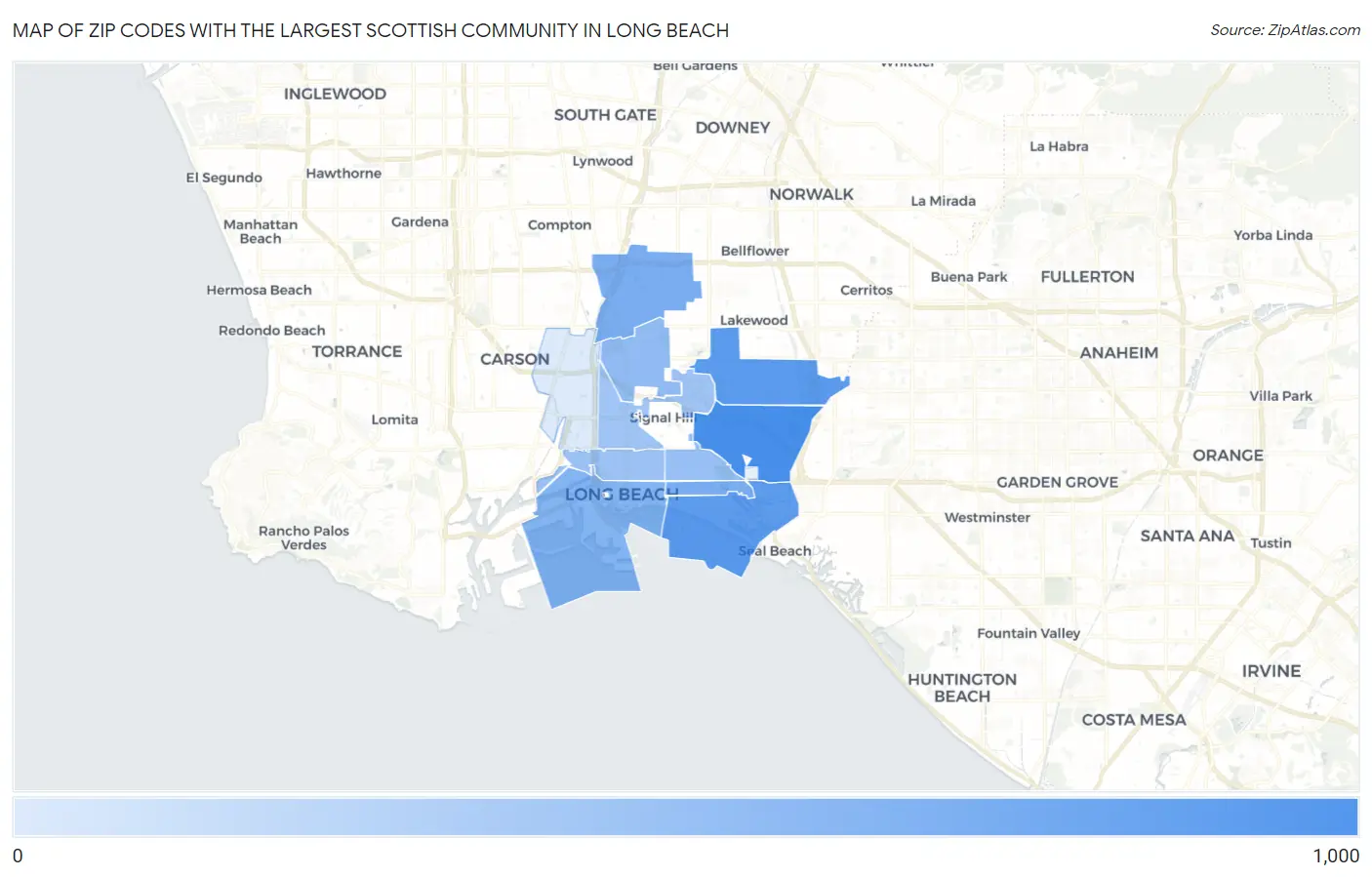 Zip Codes with the Largest Scottish Community in Long Beach Map