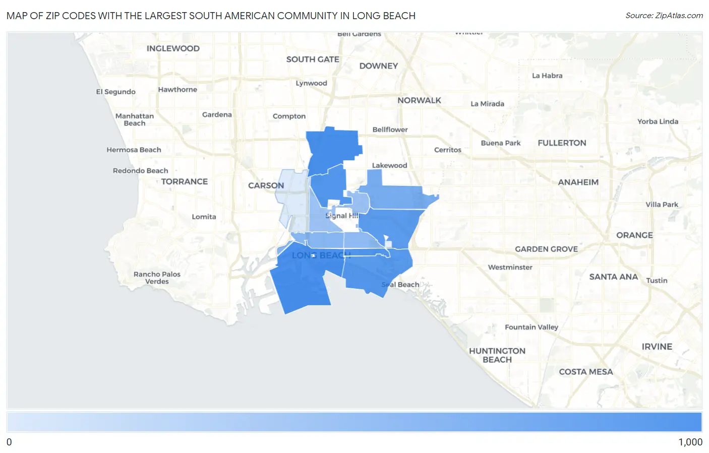 Zip Codes with the Largest South American Community in Long Beach Map