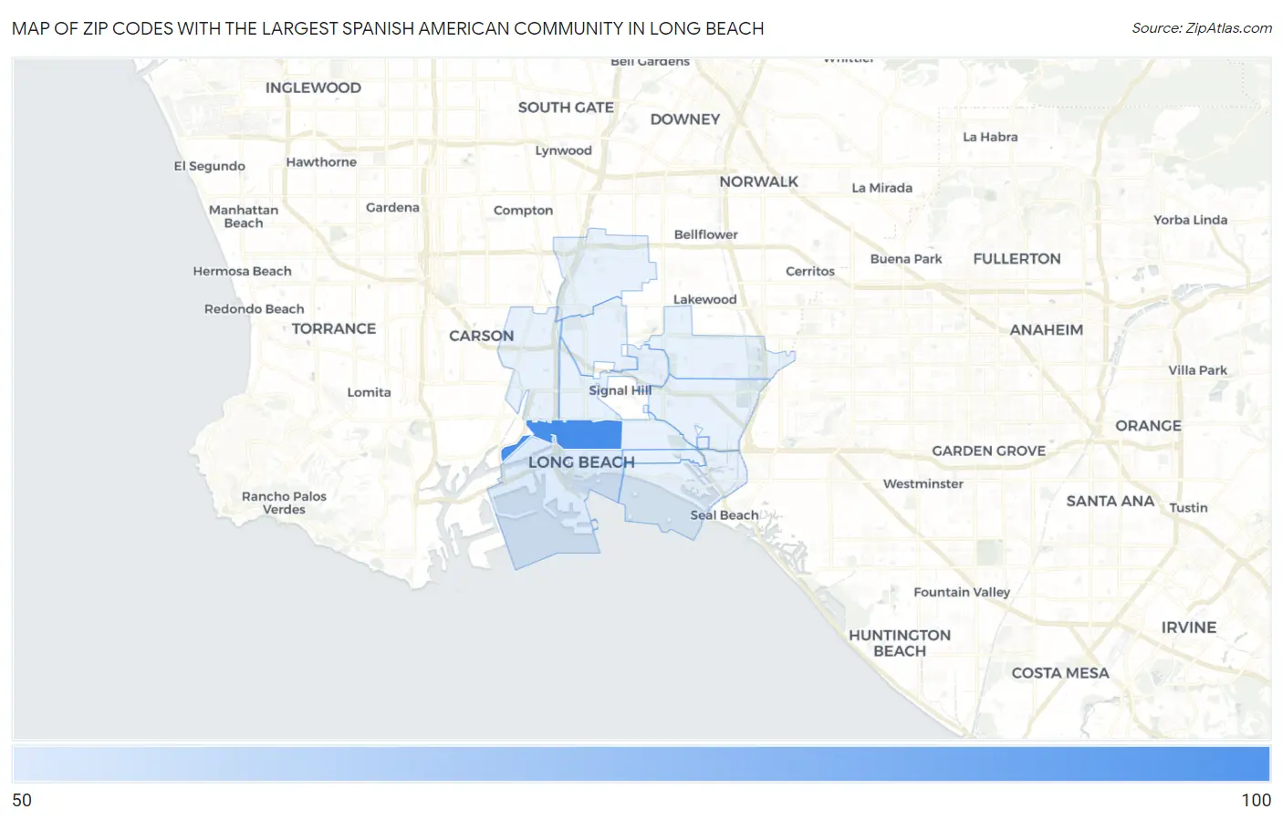 Zip Codes with the Largest Spanish American Community in Long Beach Map