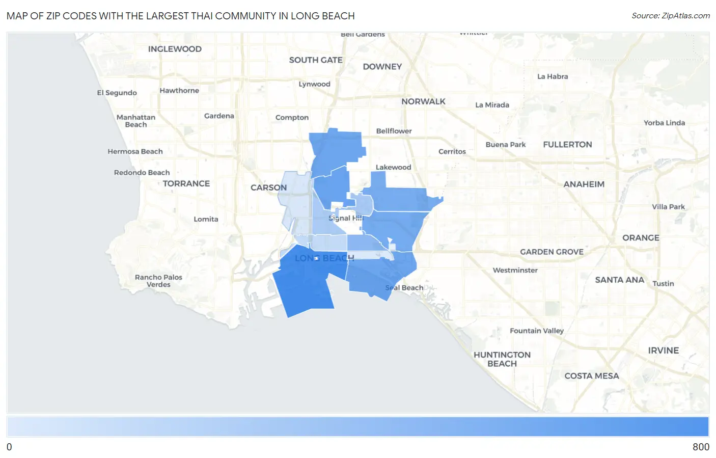 Zip Codes with the Largest Thai Community in Long Beach Map