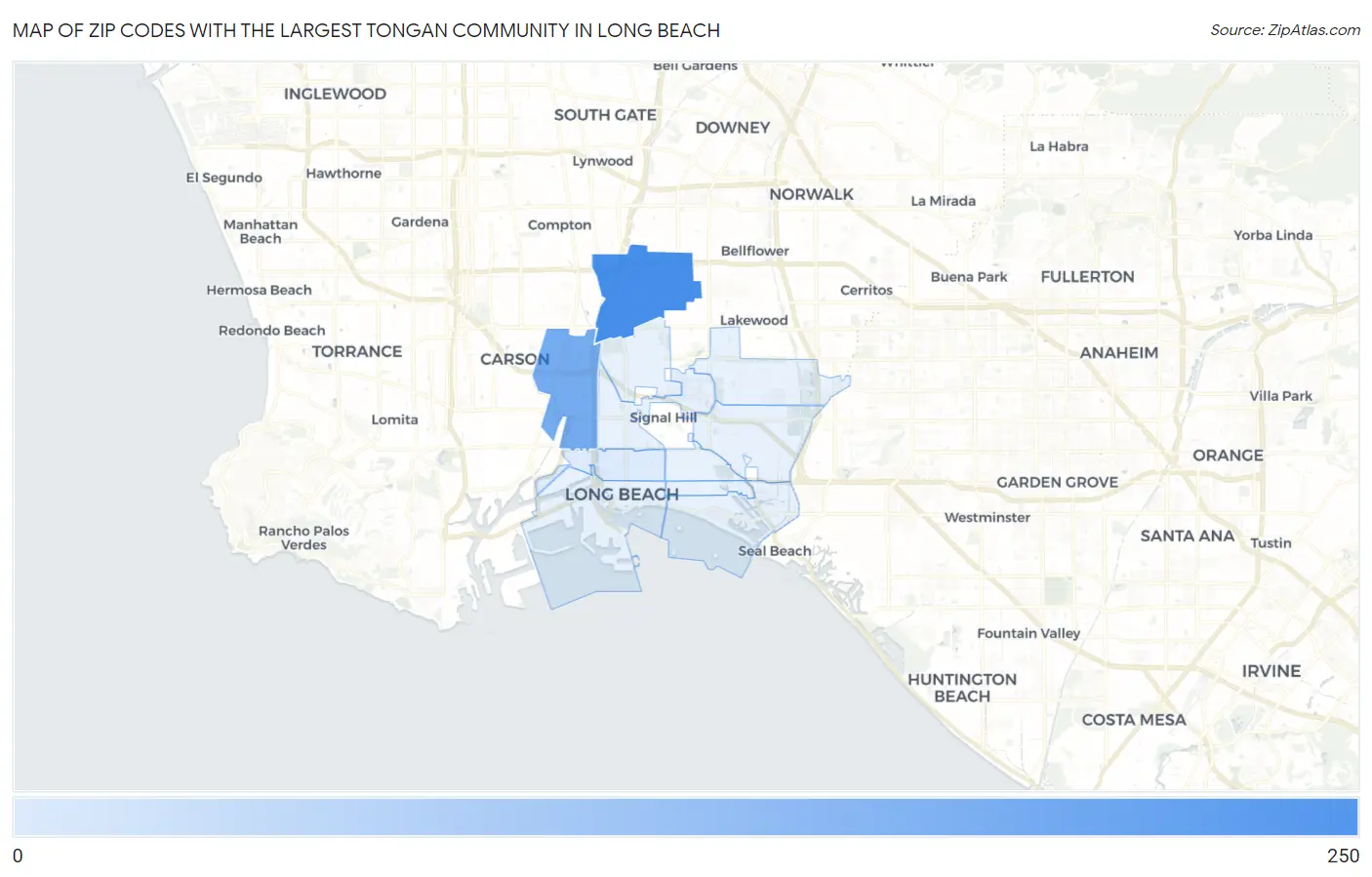 Zip Codes with the Largest Tongan Community in Long Beach Map