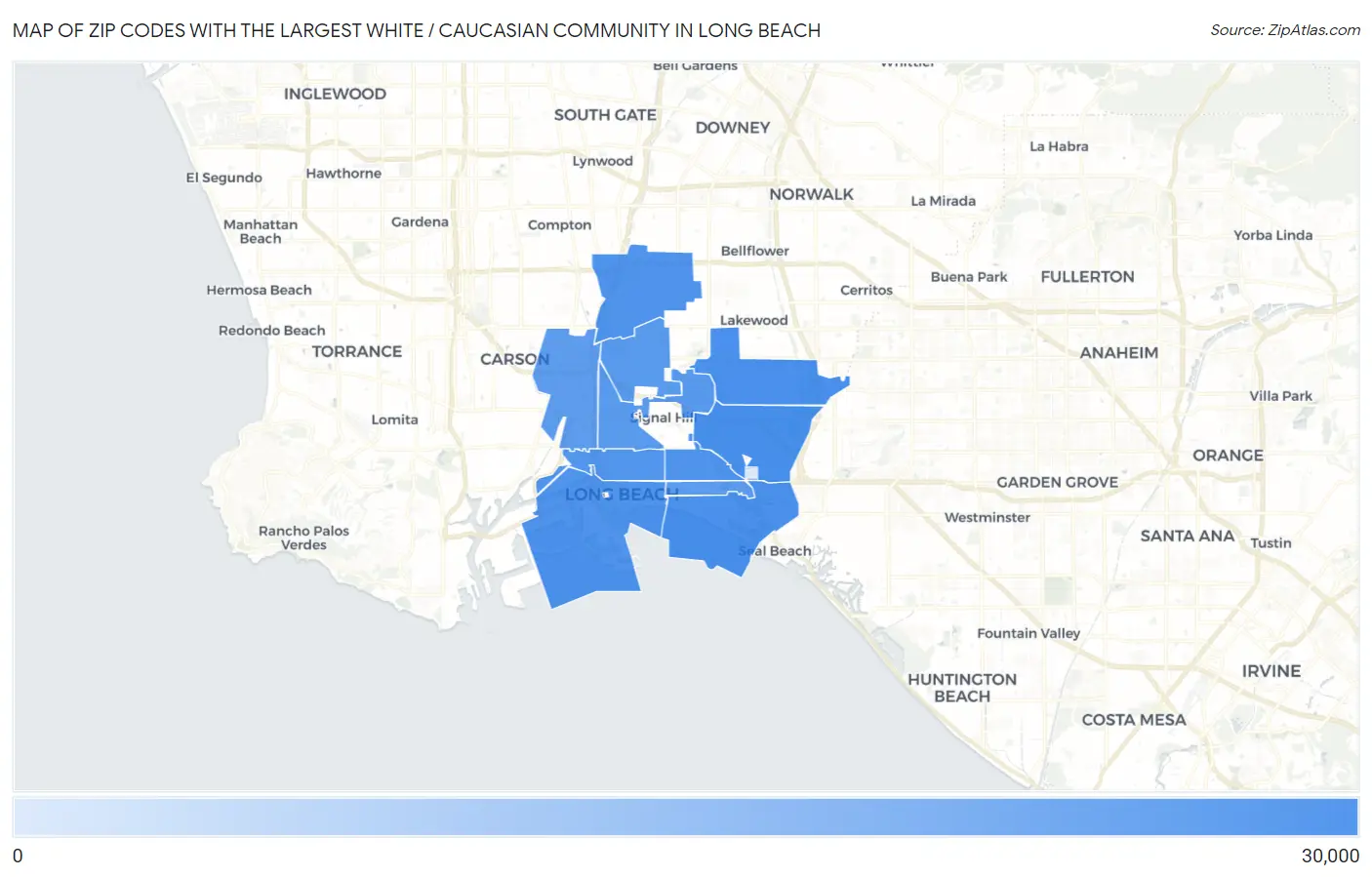 Zip Codes with the Largest White / Caucasian Community in Long Beach Map