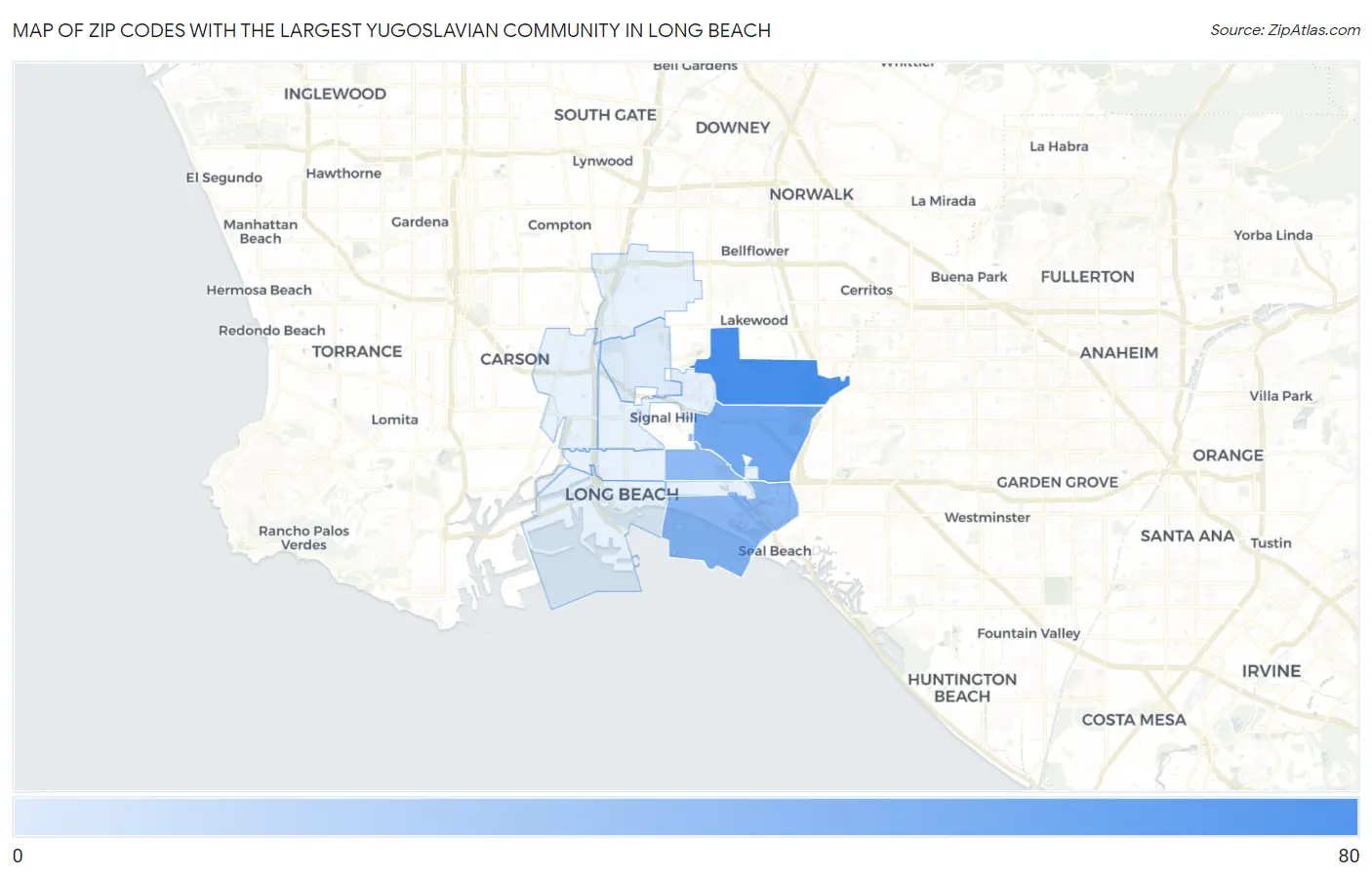 Zip Codes with the Largest Yugoslavian Community in Long Beach Map