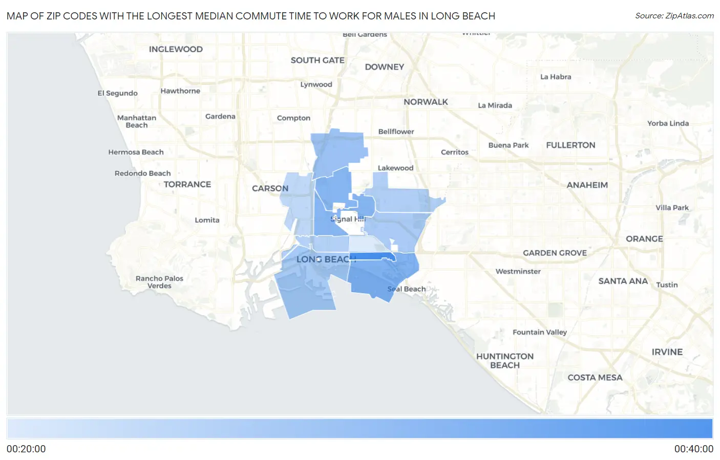 Zip Codes with the Longest Median Commute Time to Work for Males in Long Beach Map