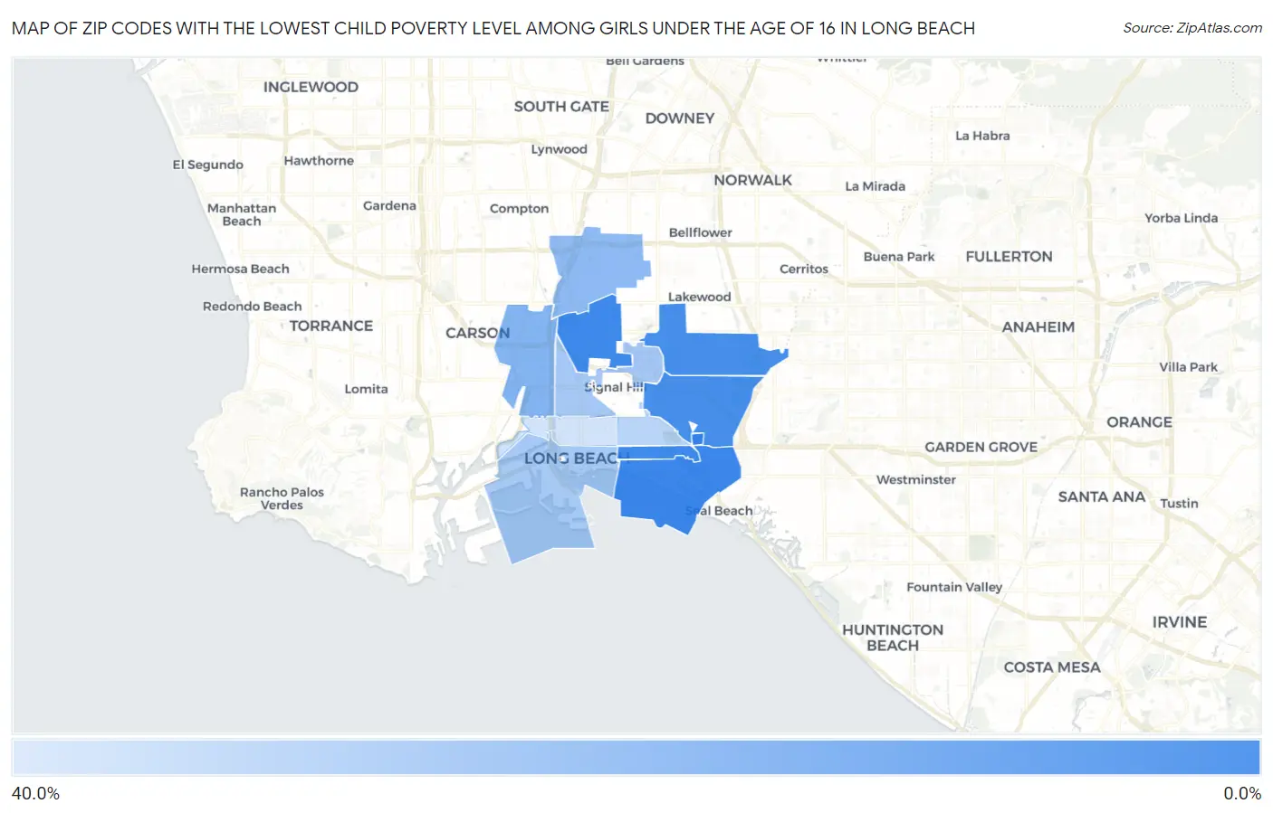 Zip Codes with the Lowest Child Poverty Level Among Girls Under the Age of 16 in Long Beach Map