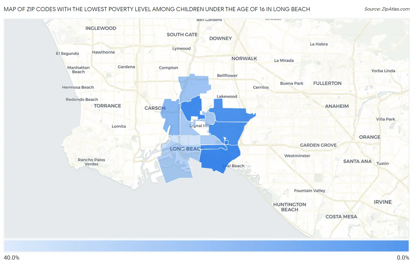 Zip Codes with the Lowest Poverty Level Among Children Under the Age of 16 in Long Beach Map