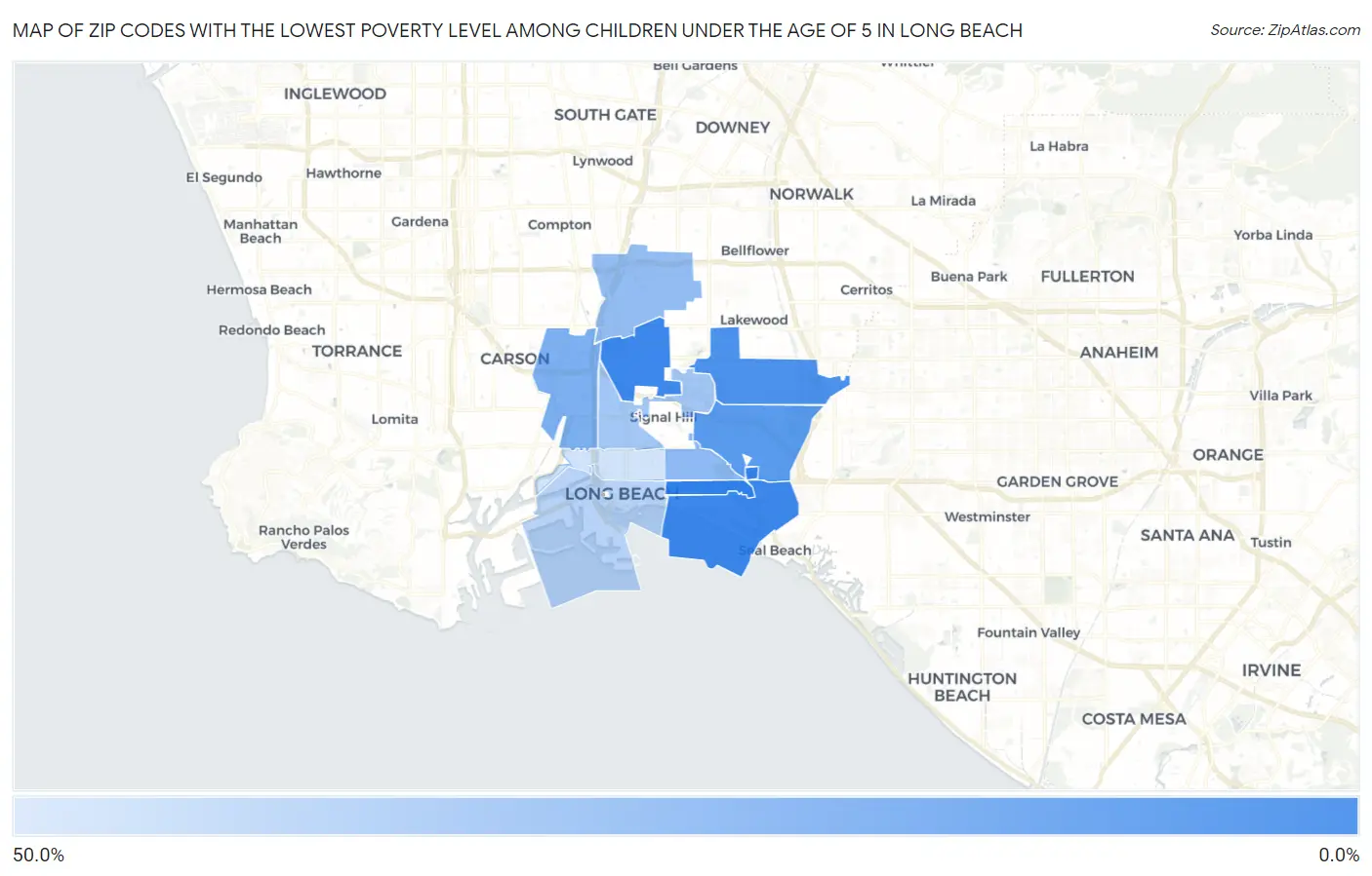 Zip Codes with the Lowest Poverty Level Among Children Under the Age of 5 in Long Beach Map