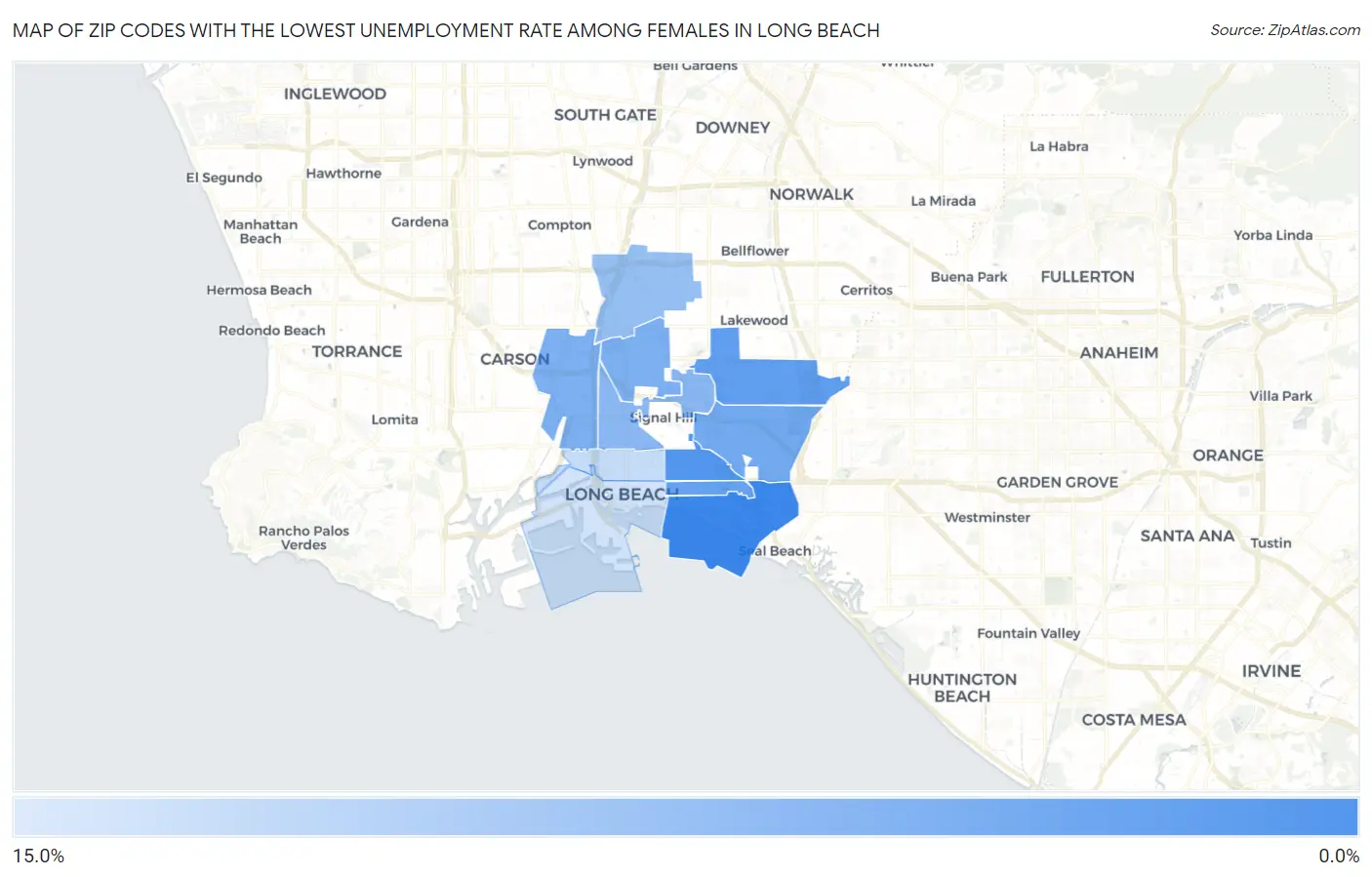 Zip Codes with the Lowest Unemployment Rate Among Females in Long Beach Map