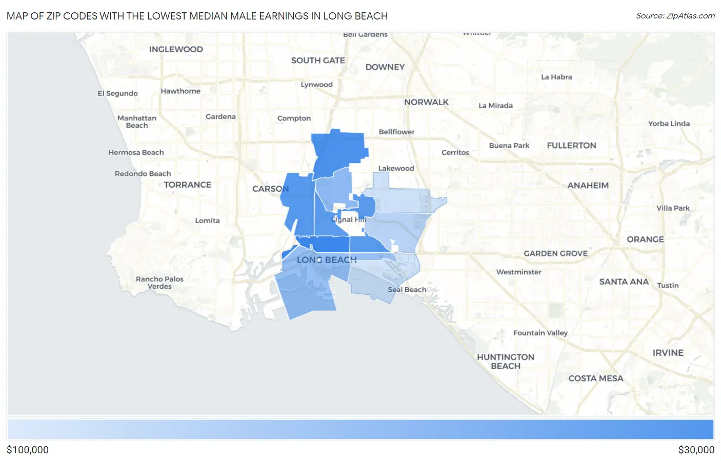 Zip Codes with the Lowest Median Male Earnings in Long Beach Map