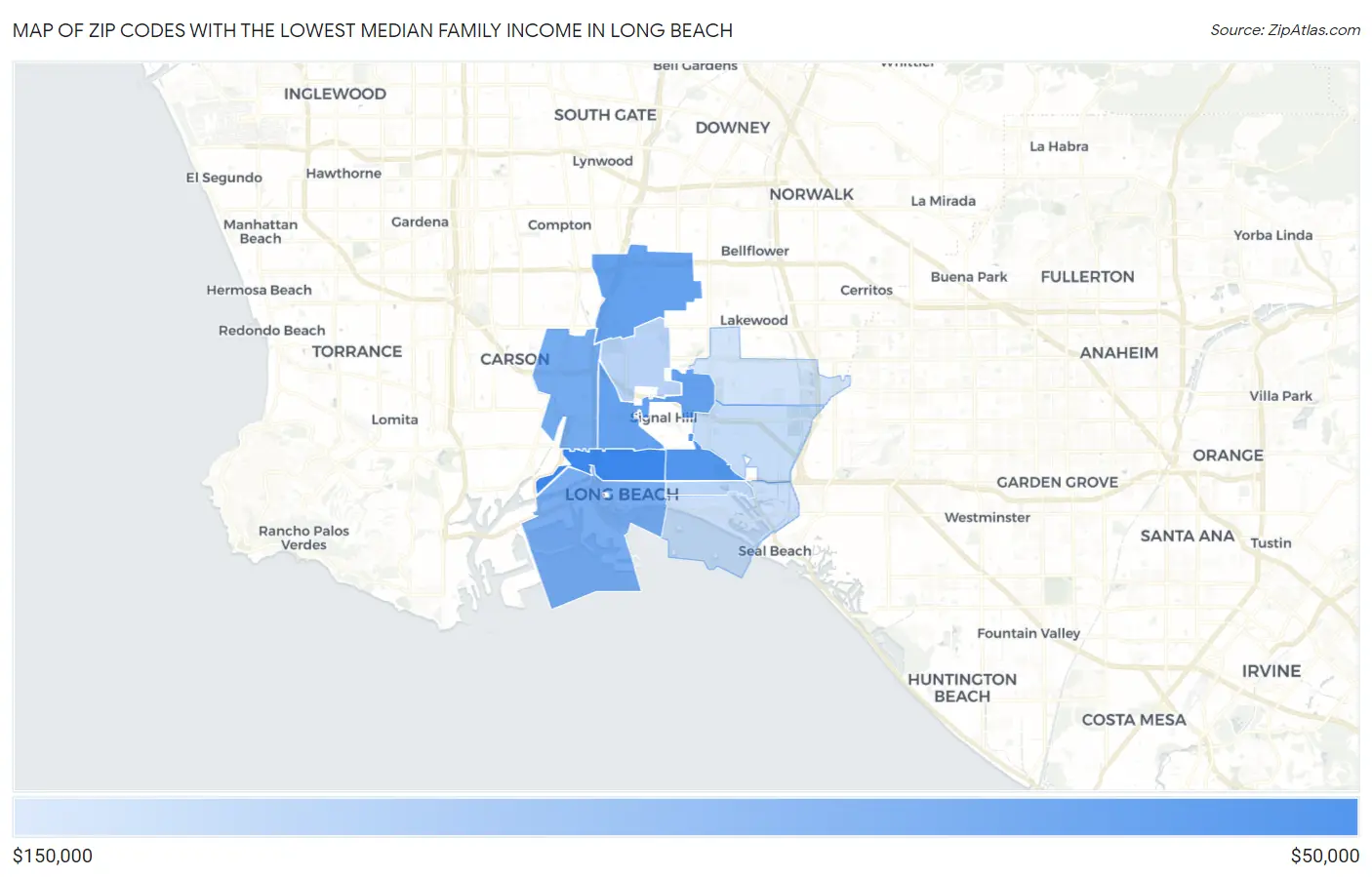 Zip Codes with the Lowest Median Family Income in Long Beach Map
